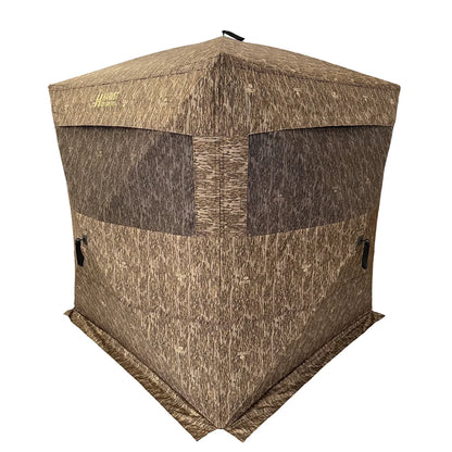 HARVST Outdoors Brushline DM Ground Blind in Mossy Oak Country DNA, front three-quarter view with windows closed