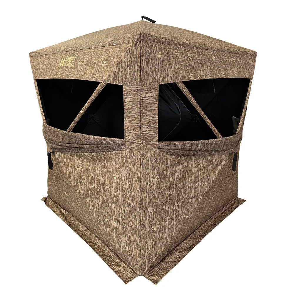 HARVST Outdoors Brushline DM Ground Blind in Mossy Oak Country DNA, front three-quarter with windows open