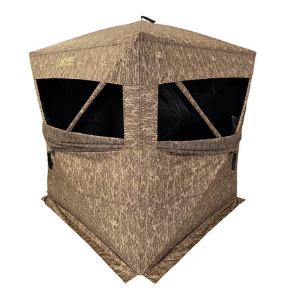 HARVST Outdoors Brushline DM Ground Blind in Mossy Oak Country DNA, front three-quarter with windows open