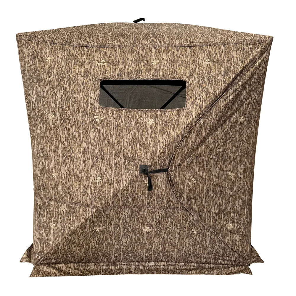 HARVST Outdoors Brushline DM Ground Blind in Mossy Oak Country DNA, front view with viewing window open