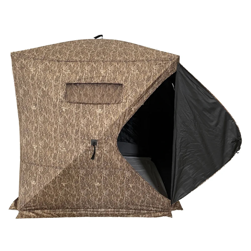 HARVST Outdoors Brushline DM Ground Blind in Mossy Oak Country DNA, side view with door open showing interior