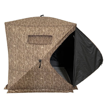 HARVST Outdoors Brushline DM Ground Blind in Mossy Oak Country DNA, side view with door open showing interior
