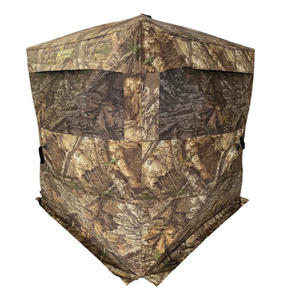 HARVST Outdoors Brushline DM Ground Blind in Realtree Edge, front three-quarter view with mesh windows open