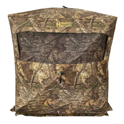 HARVST Outdoors Brushline DM Ground Blind in Realtree Edge, front view showing mesh window and zippered door
