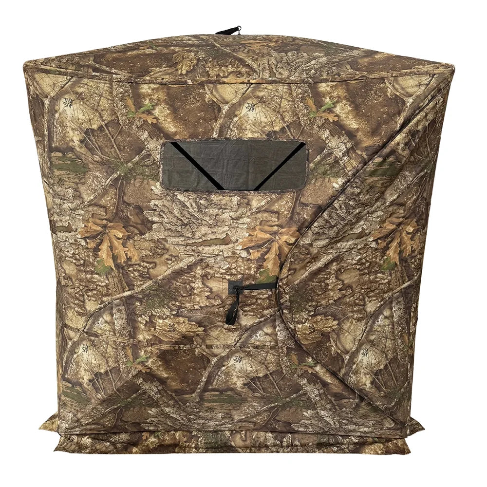 HARVST Outdoors Brushline DM Ground Blind in Realtree Edge, front view with shoot-through mesh window