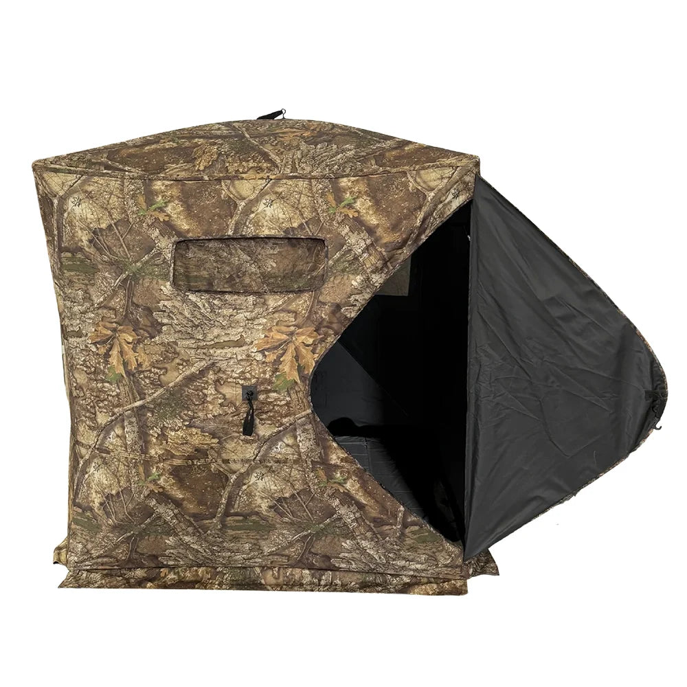 HARVST Outdoors Brushline DM Ground Blind in Realtree Edge, side view with door unzipped and open