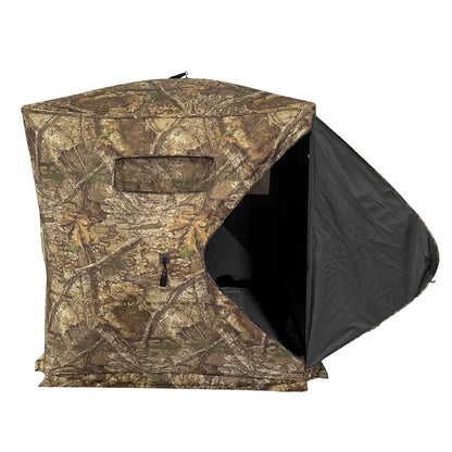 HARVST Outdoors Brushline DM Ground Blind in Realtree Edge, side view with door unzipped and open