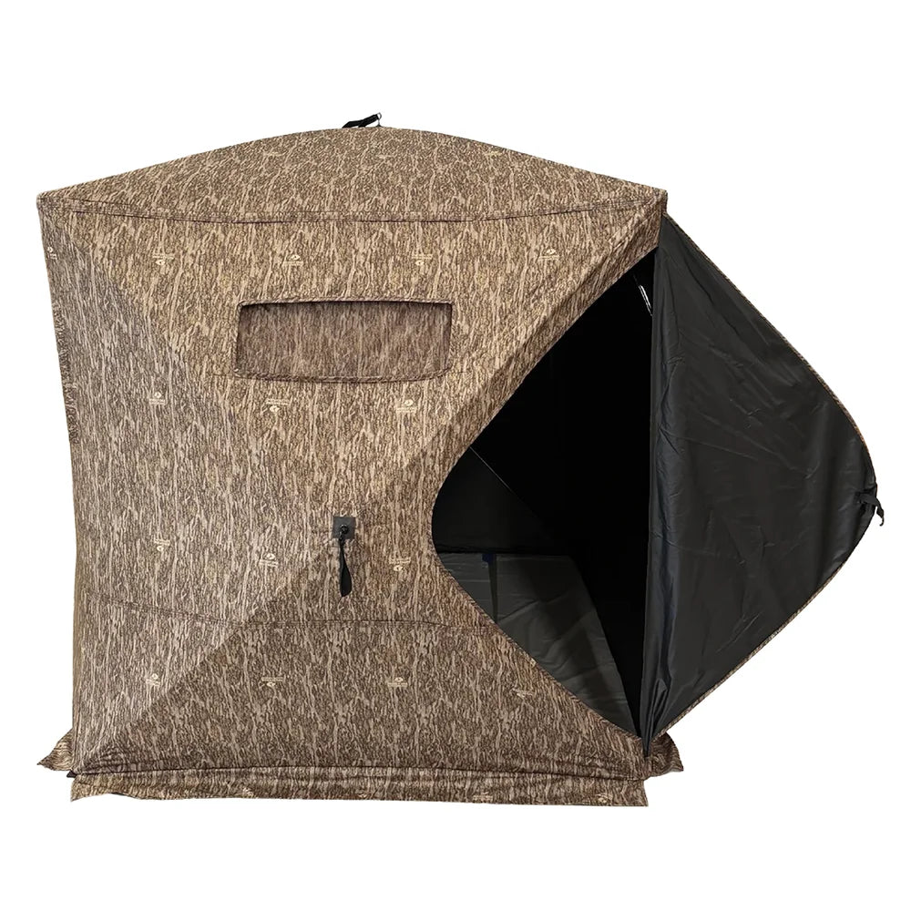 HARVST Outdoors Brushline STM Ground Blind in Bottomland camo with entry door unzipped showing interior