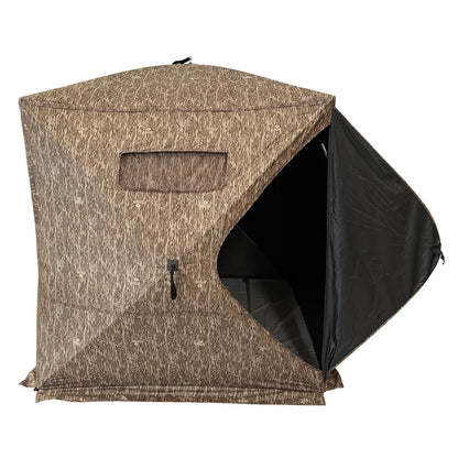 HARVST Outdoors Brushline STM Ground Blind in Bottomland camo with entry door unzipped showing interior