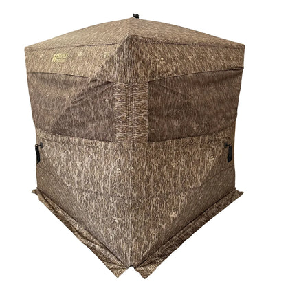 HARVST Outdoors Brushline STM Ground Blind in Bottomland camo, front three-quarter view with windows closed