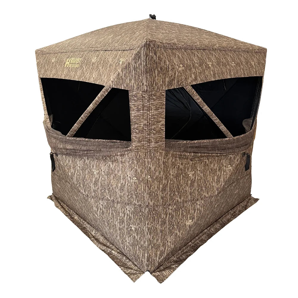 HARVST Outdoors Brushline STM Ground Blind in Bottomland camo, front three-quarter view with windows open