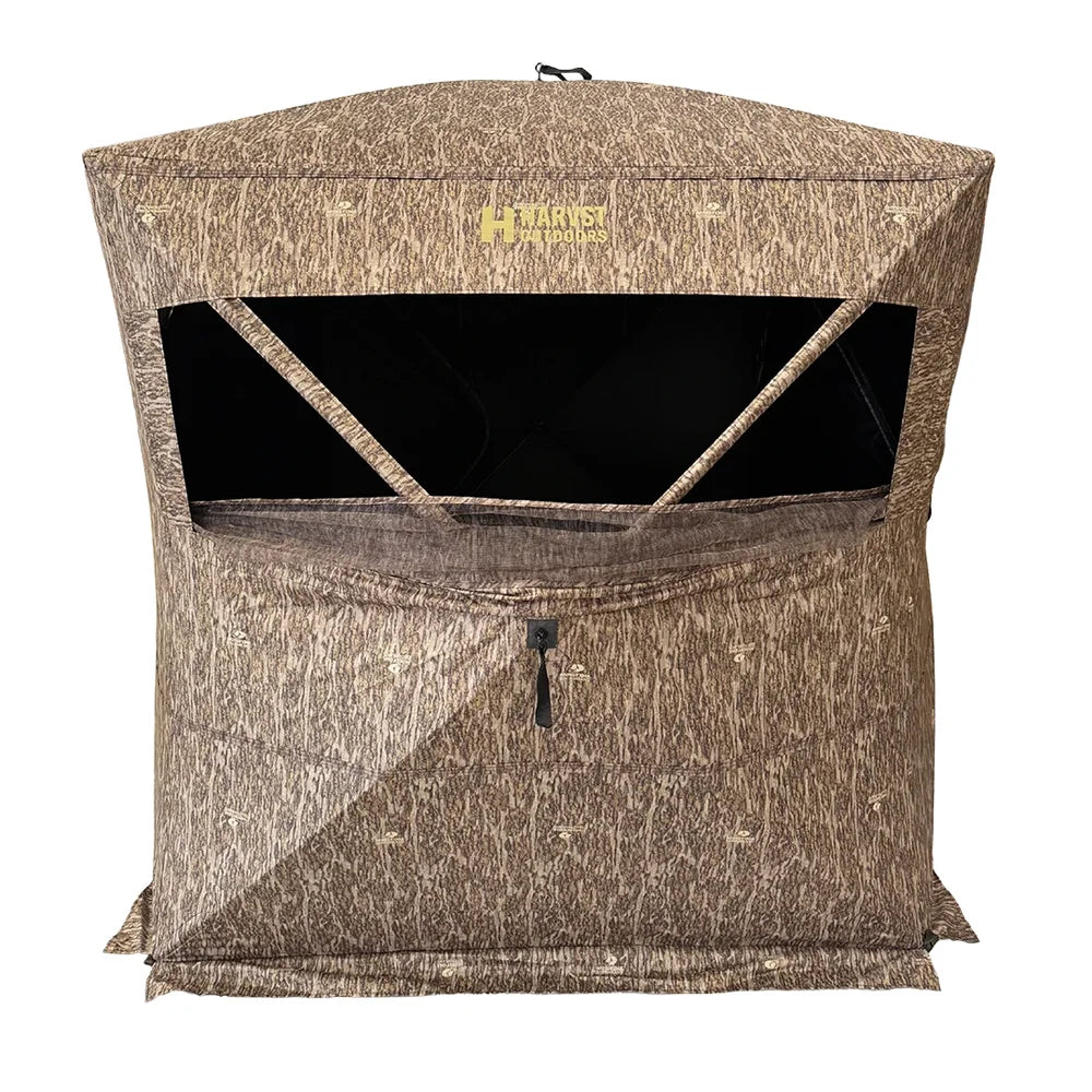 HARVST Outdoors Brushline STM Ground Blind in Bottomland camo, front view with large window open