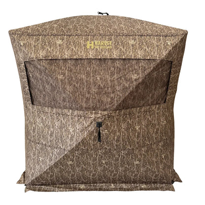 HARVST Outdoors Brushline STM Ground Blind in Bottomland camo, front view with mesh window and zipper door