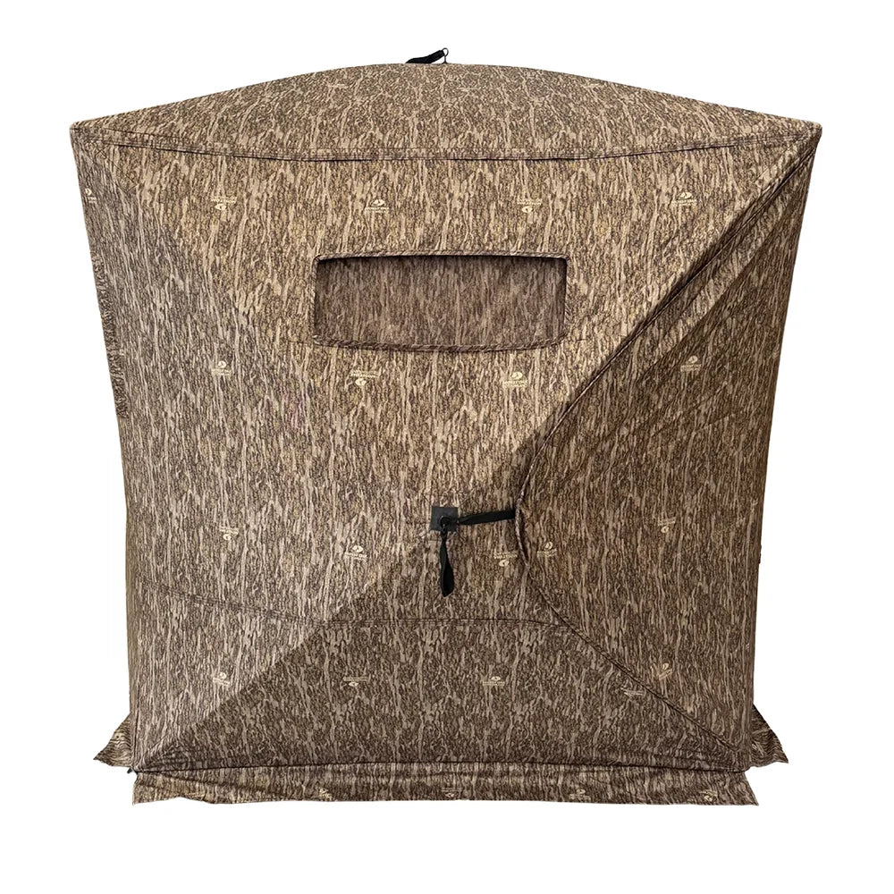 HARVST Outdoors Brushline STM Ground Blind in Bottomland camo, side view showing small port window
