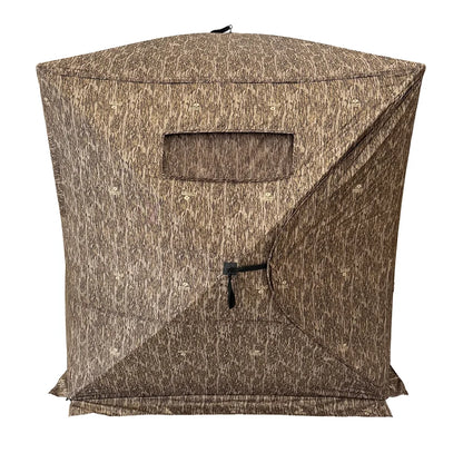 HARVST Outdoors Brushline STM Ground Blind in Bottomland camo, side view showing small port window