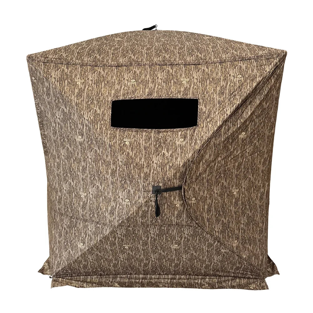 HARVST Outdoors Brushline STM Ground Blind in Bottomland camo, alternate side angle with small window