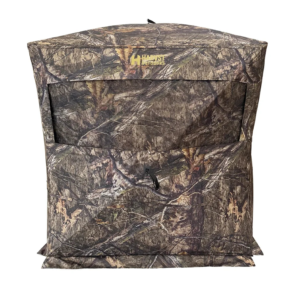 HARVST Outdoors Brushline STM Ground Blind in Mossy Oak Country DNA camo, front view with window closed