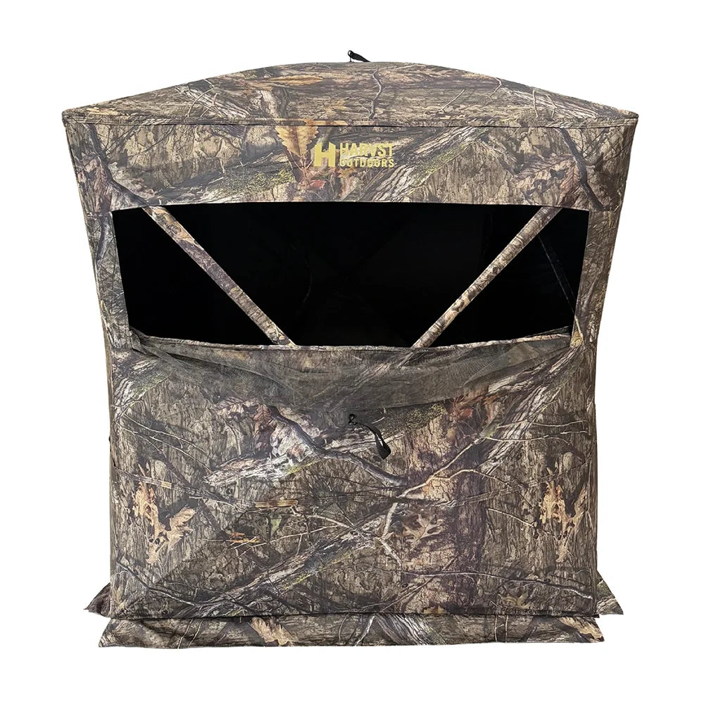 HARVST Outdoors Brushline STM Ground Blind in Mossy Oak Country DNA camo, front view with large windows open