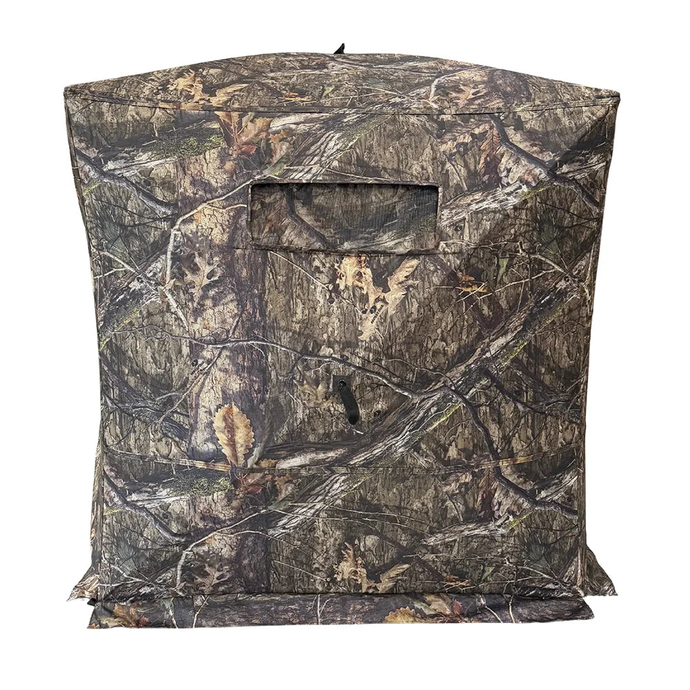 HARVST Outdoors Brushline STM Ground Blind in Mossy Oak Country DNA camo, side view showing small port window
