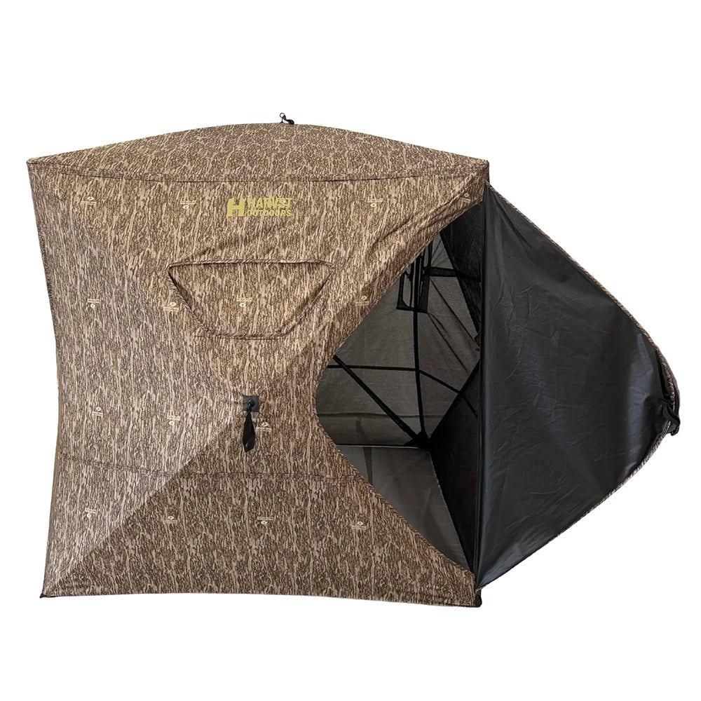 HARVST Outdoors OmniView 270 Ground Blind in Bottomland with door flap open revealing interior