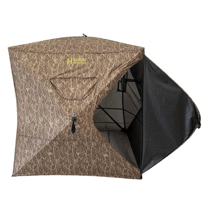 HARVST Outdoors OmniView 270 Ground Blind in Bottomland with door flap open revealing interior