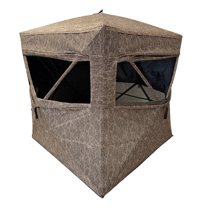 HARVST Outdoors OmniView 270 Ground Blind in Mossy Oak Bottomland, front three-quarter view with windows open