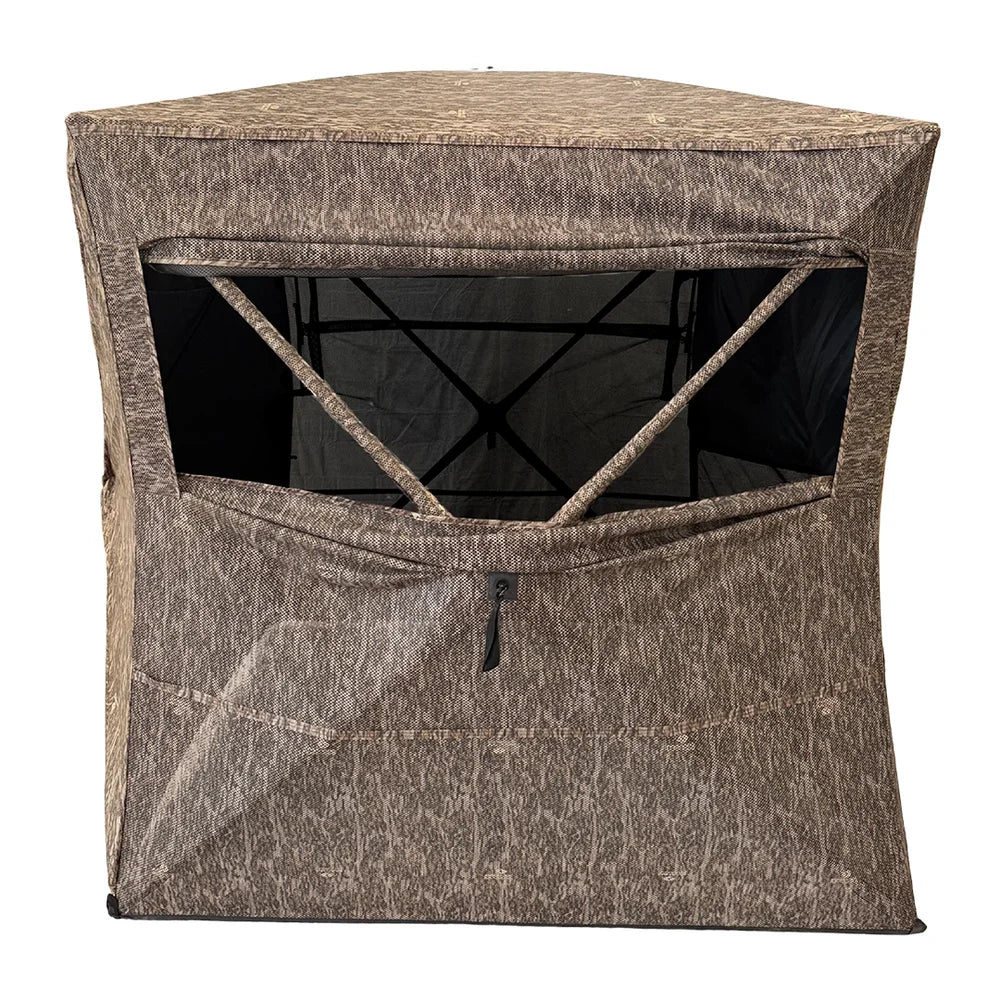 HARVST Outdoors OmniView 270 Ground Blind in Bottomland, front view with large shoot-through window open