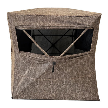 HARVST Outdoors OmniView 270 Ground Blind in Bottomland, front view with large shoot-through window open