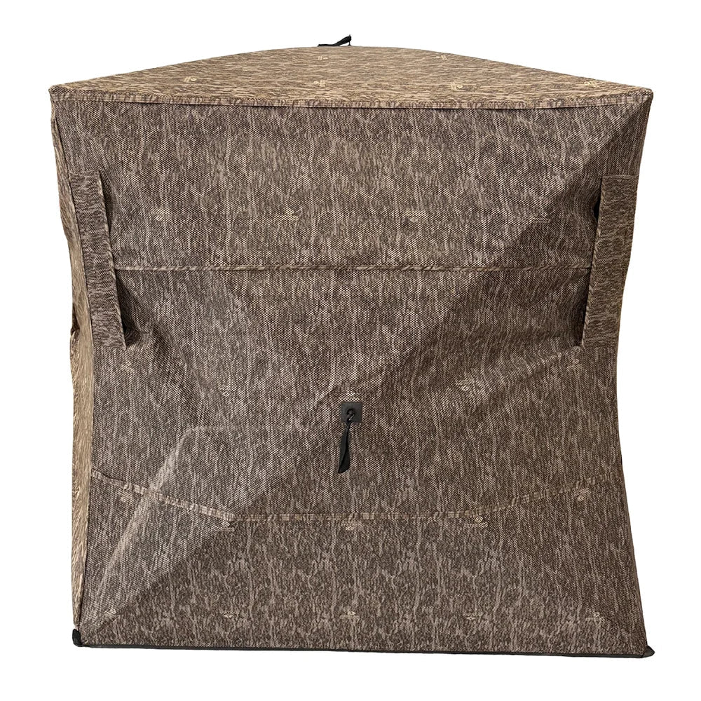 HARVST Outdoors OmniView 270 Ground Blind in Bottomland camo, rear view showing back panel and zipper