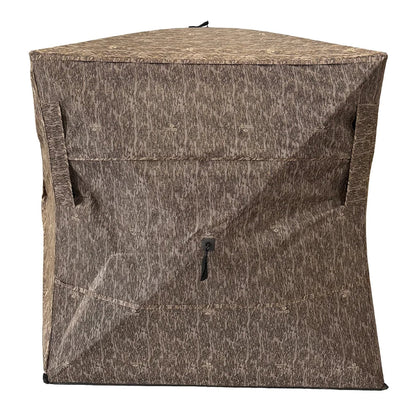 HARVST Outdoors OmniView 270 Ground Blind in Bottomland camo, rear view showing back panel and zipper