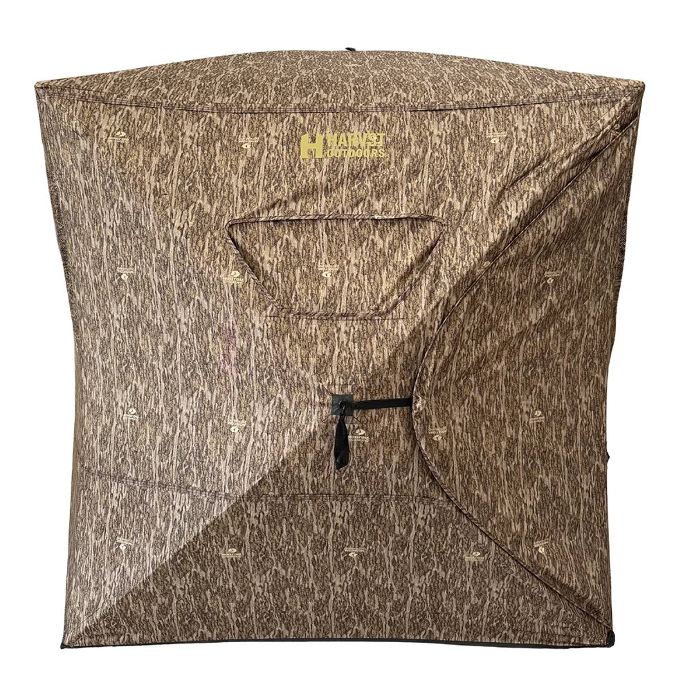 HARVST Outdoors OmniView 270 Ground Blind in Bottomland, side view with panel closed showing brand logo
