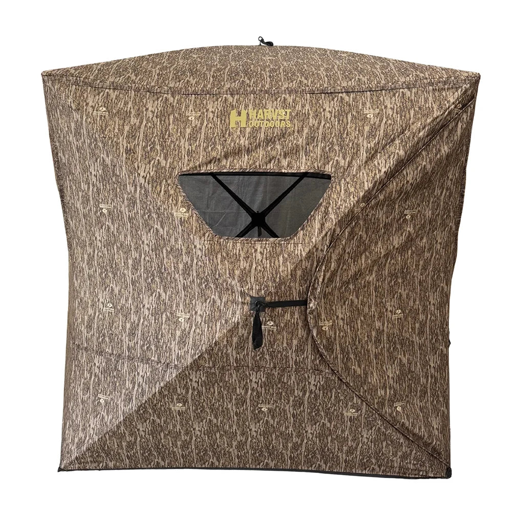 HARVST Outdoors OmniView 270 Ground Blind in Bottomland, side view with mesh window open