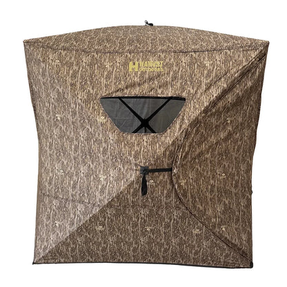 HARVST Outdoors OmniView 270 Ground Blind in Bottomland, side view with mesh window open