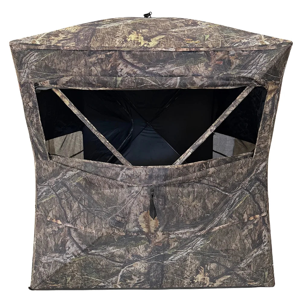 HARVST Outdoors OmniView 270 Ground Blind in Country DNA, front view with large window open showing interior