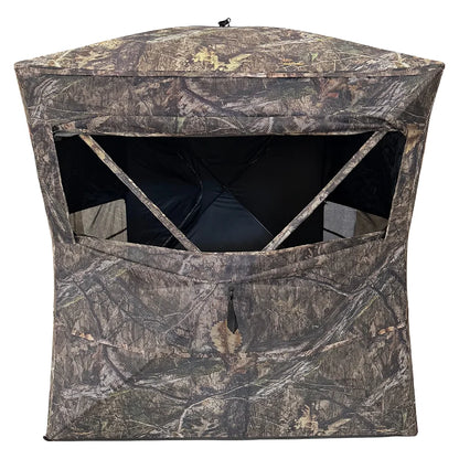 HARVST Outdoors OmniView 270 Ground Blind in Country DNA, front view with large window open showing interior