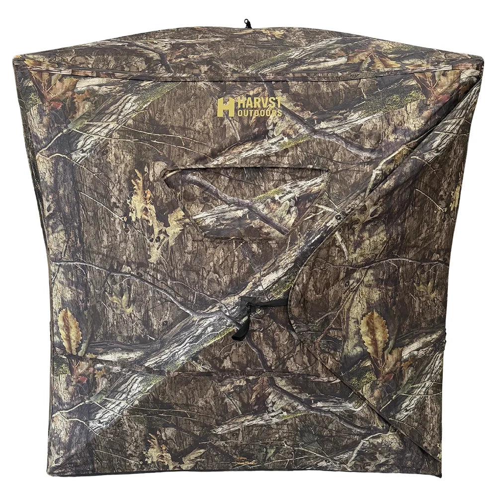 HARVST Outdoors OmniView 270 Ground Blind in Country DNA, side view with panel closed showing Harvst logo