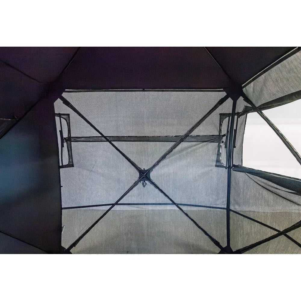 HARVST Outdoors OmniView 270 Ground Blind interior view showing ceiling frame and mesh windows