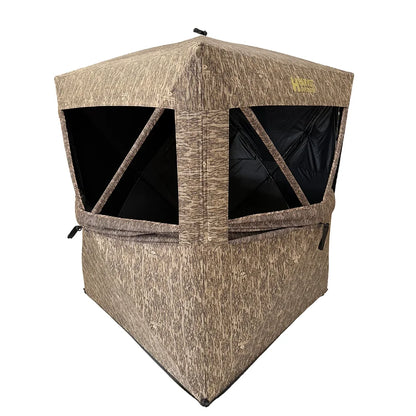 HARVST Outdoors Shadowline DM Ground Blind in Mossy Oak Bottomland camo, front view with shoot-through windows open