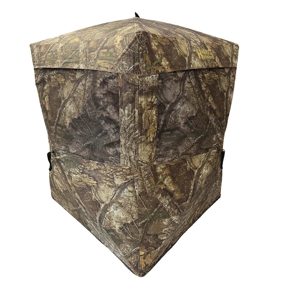 HARVST Outdoors Shadowline DM Ground Blind, Country DNA corner view with mesh side panel
