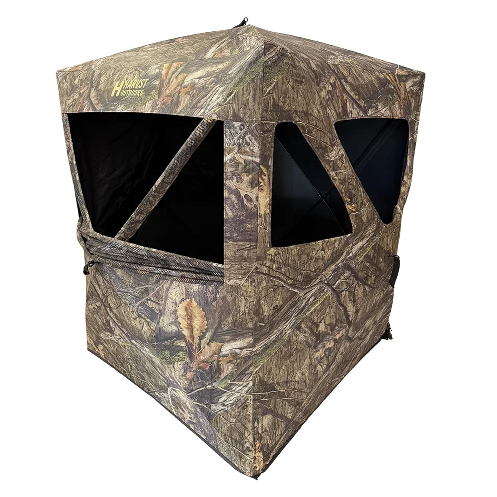 HARVST Outdoors Shadowline DM Ground Blind, Mossy Oak Country DNA front three-quarter view with windows open