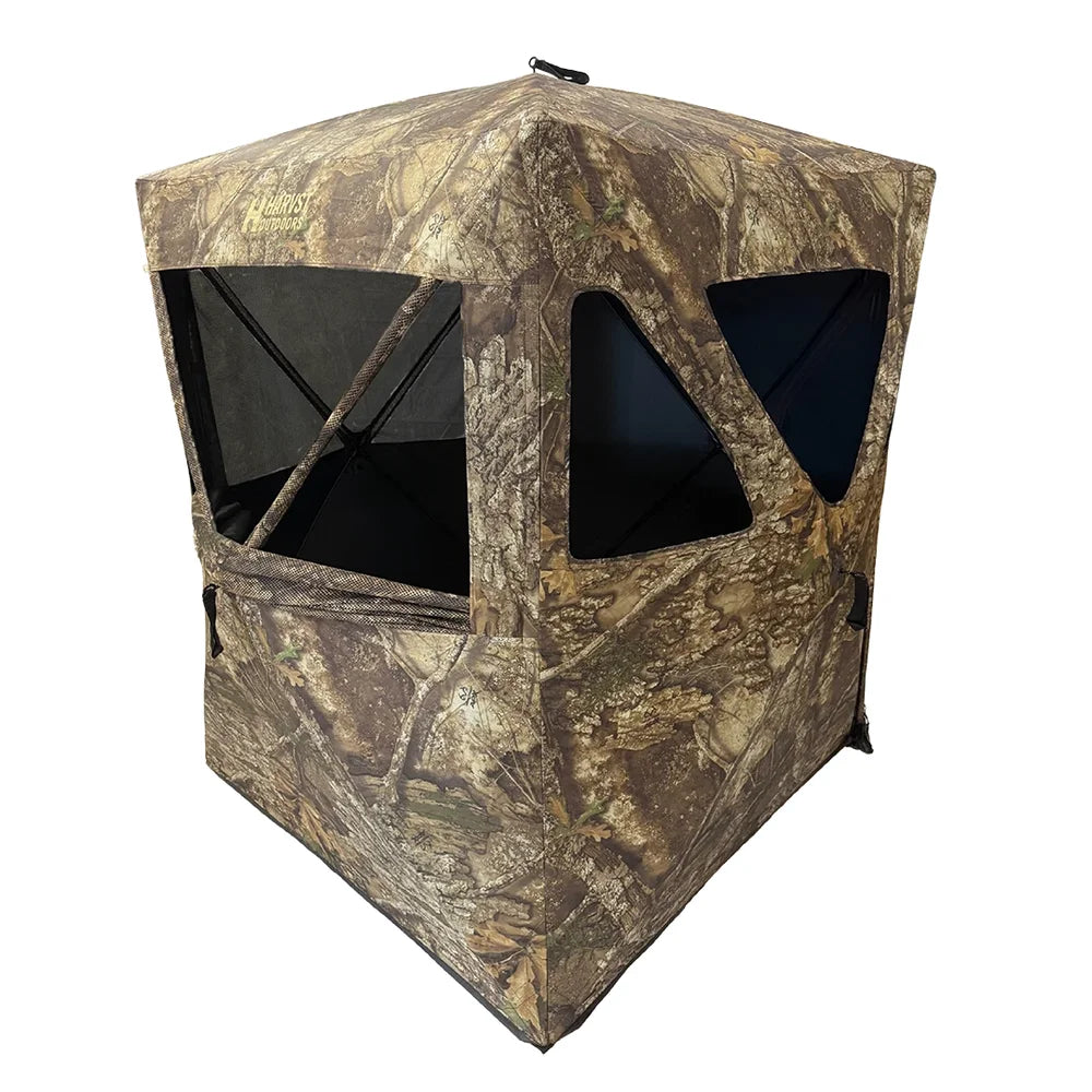 HARVST Outdoors Shadowline DM Ground Blind, Country DNA front view with all shoot-through windows open