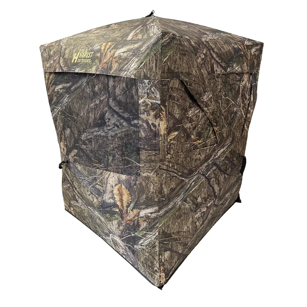 HARVST Outdoors Shadowline DM Ground Blind in Mossy Oak Country DNA, side view showing mesh window