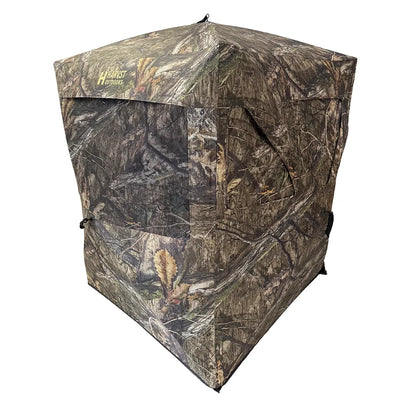 HARVST Outdoors Shadowline DM Ground Blind in Mossy Oak Country DNA, side view showing mesh window