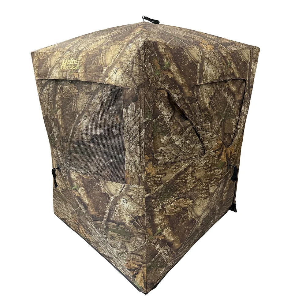 HARVST Outdoors Shadowline DM Ground Blind, Country DNA side three-quarter view with mesh window