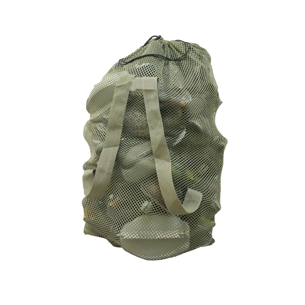 Horn Hunter Economy Mesh Decoy Bag filled with decoys, three-quarter view on white background