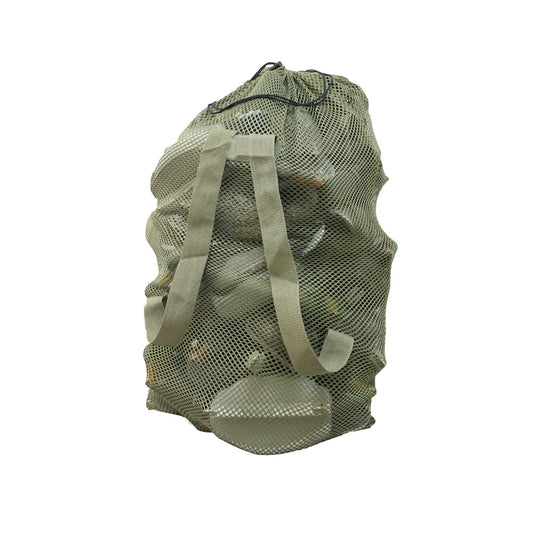 Horn Hunter Economy Mesh Decoy Bag filled with decoys, three-quarter view on white background