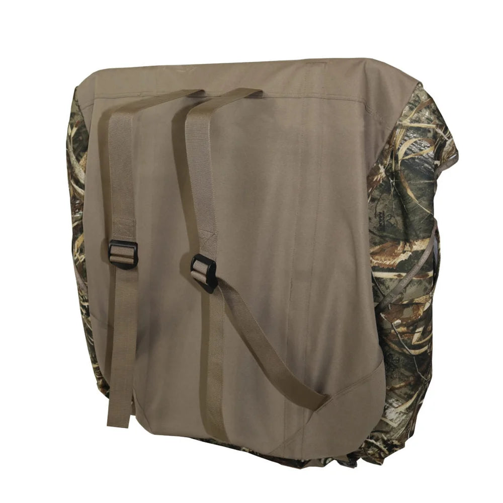 Horn Hunter Low Pro Layout Blind, rear view showing tan backpack carry straps and buckles with camo sides