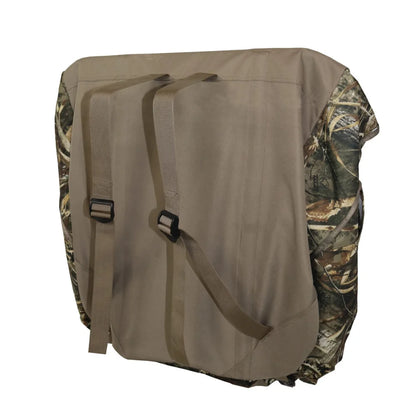 Horn Hunter Low Pro Layout Blind, rear view showing tan backpack carry straps and buckles with camo sides