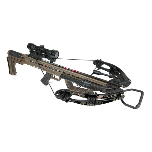 Killer Instinct 405 FPS HD crossbow with scope angled view isolated on white background