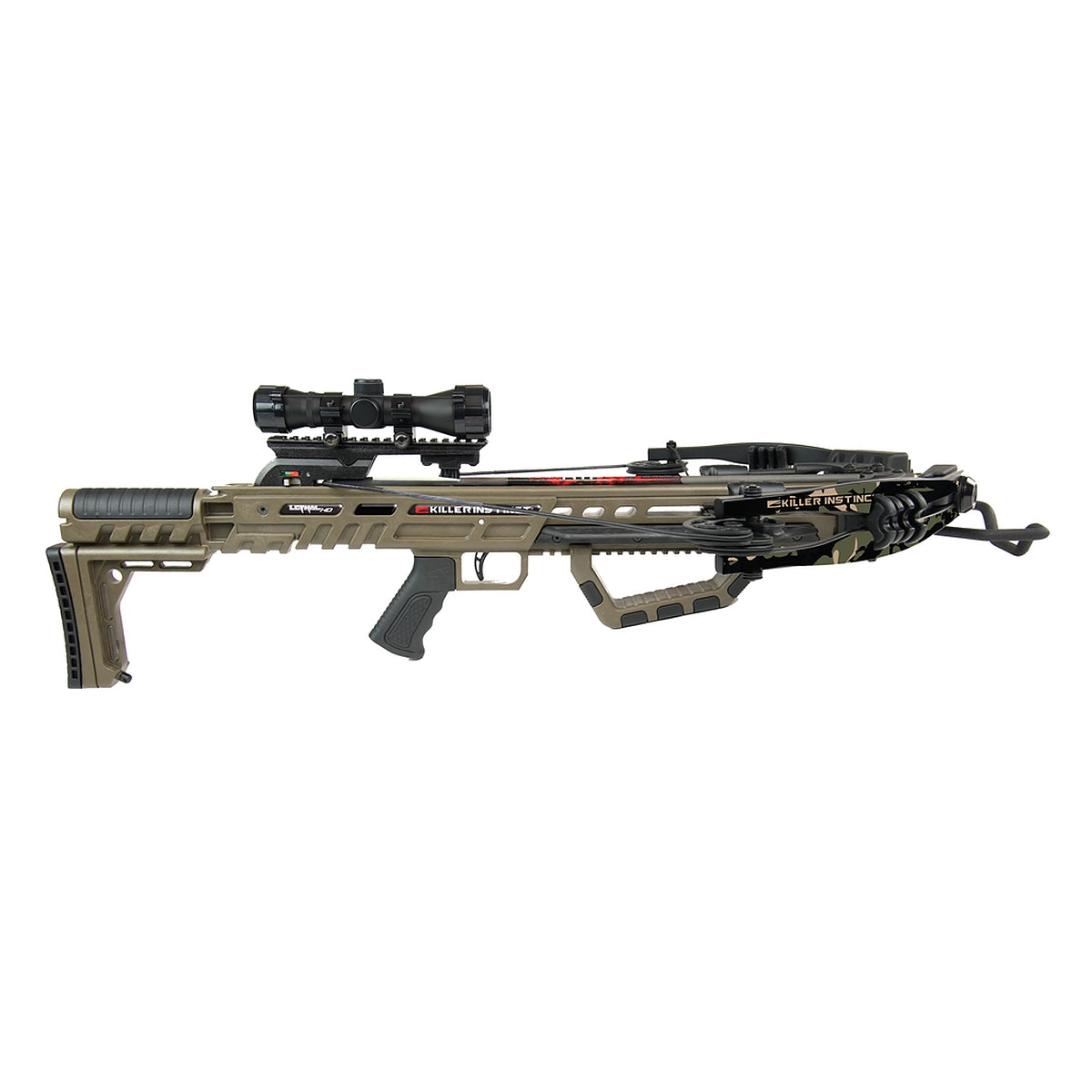 Killer Instinct 405 FPS HD crossbow side profile with mounted scope isolated on white background
